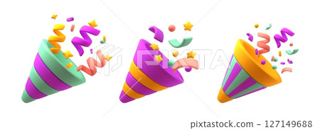 3d confetti popper. Colorful firecrackers, flying paper particles, stars, serpentine, cartoon volumed style, party time colorful explosion, celebration, isolated glossy render classy vector set 127149688
