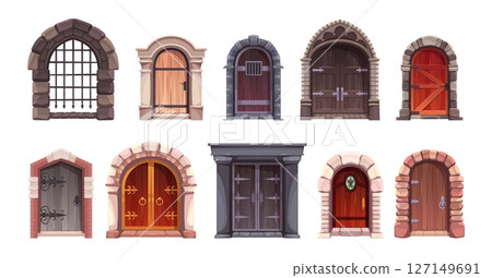 Cartoon ancient castle doors. Ancient palace entrances, heavy forged wooden door, fantasy games arches with stone columns, church or cathedral entry, gothic building element tidy vector set Cartoon ancient castle doors. Ancient palace entrances, heavy forged wooden door, fantasy games arches with stone columns, church or cathedral entry, gothic building element tidy vector set 127149691