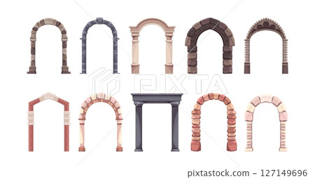 Stone arches of castles. Ancient medieval gates, architecture elements, antique column, games graphic resources marble and brick doorway, cathedral entrance tidy vector cartoon flat isolated set 127149696