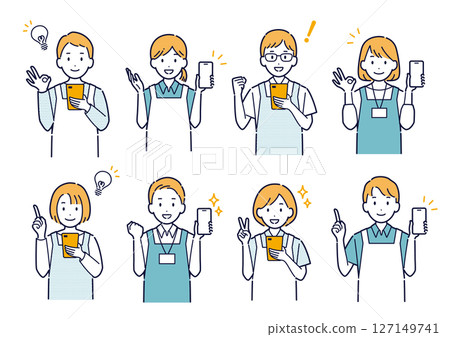 Illustration set of men and women wearing aprons using smartphones with smiles 127149741