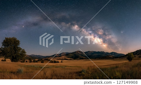 Panoramic view of the Milky Way galaxy with a grassy landscape under a starry night sky Panoramic view of the Milky Way galaxy with a grassy landscape under a starry night sky 127149908