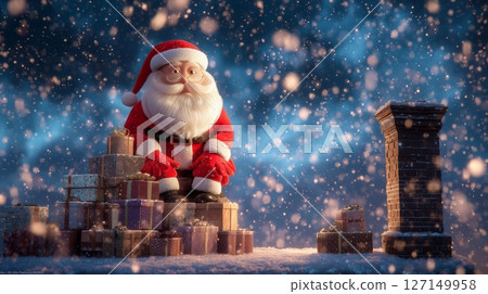 Whimsical Santa Claus on snowy rooftop surrounded by gifts and chimney creates magical Christmas Eve atmosphere filled with joy 127149958