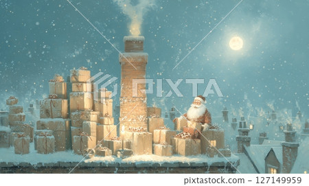 Joyful Santa Claus on snowy rooftop surrounded by gifts under the moonlight 127149959