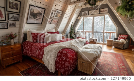 Cozy bedroom in a frame cottage with festive red and white Christmas bedding for the winter holidays Cozy bedroom in a frame cottage with festive red and white Christmas bedding for the winter holidays 127149960