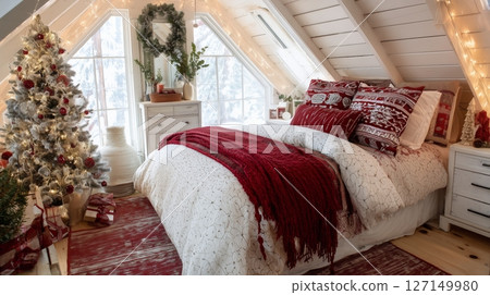 Cozy cottage bedroom decorated for Christmas with festive red and white bedding and a charming holiday atmosphere 127149980