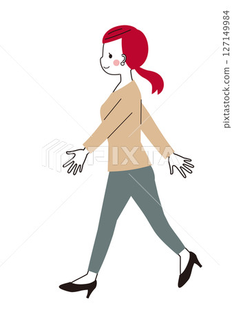 A long-haired woman walking briskly in high heels 127149984