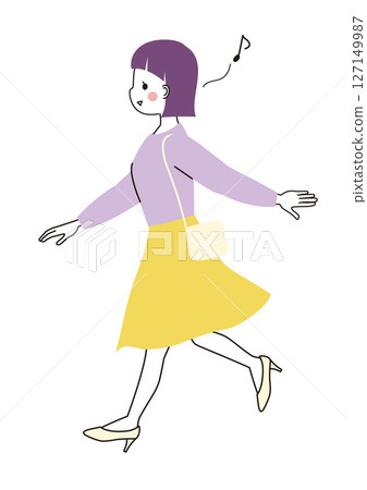 A young woman walking lightly while humming happily A young woman walking lightly while humming happily 127149987