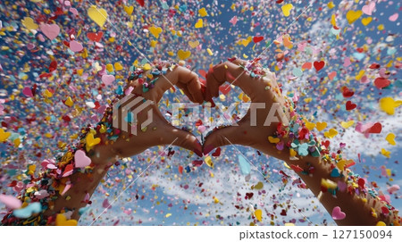 Heart shape formed by hands against a bright sky filled with colorful confetti during a joyful celebration Heart shape formed by hands against a bright sky filled with colorful confetti during a joyful celebration 127150094