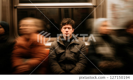 Calm in the chaos of a subway ride as movement blurs those around him Calm in the chaos of a subway ride as movement blurs those around him 127150194