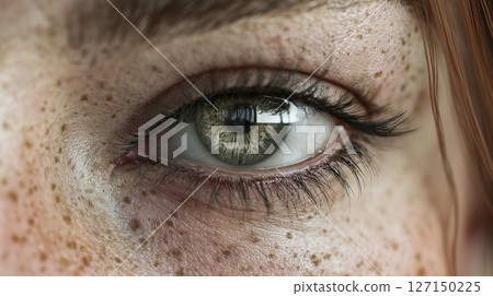 Close-up view of a green eye with freckles and long eyelashes showcasing intricate details and reflections 127150225