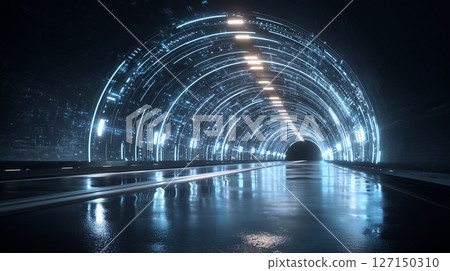 Futuristic tunnel featuring glowing lights and digital patterns in a cosmic landscape showcasing advanced technology 127150310