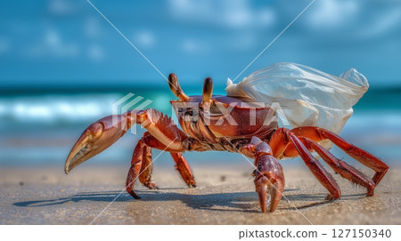 Crab with plastic bag on back highlights marine pollution on sandy beach with ocean backdrop 127150340