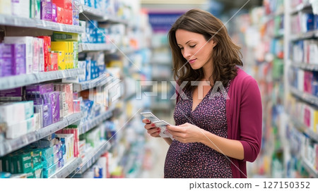 Pregnant woman carefully examines product label in pharmacy aisle while shopping for health needs 127150352