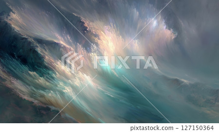 Fluid brushwork creates a harmonious blend of light, land, and sea in an abstract depiction of nature's beauty Fluid brushwork creates a harmonious blend of light, land, and sea in an abstract depiction of nature's beauty 127150364