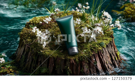 Natural beauty gel displayed on a mossy stump surrounded by orchids and greenery by a serene water backdrop 127150379