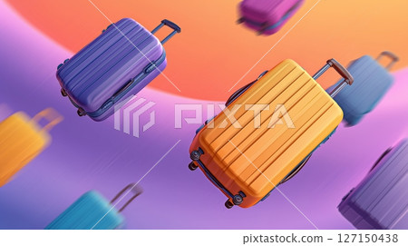 Colorful suitcases in motion through a dynamic space showcasing travel and adventure with vibrant hues 127150438