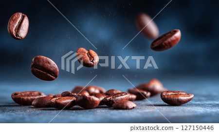 Falling coffee beans create a dynamic display against a dark background with subtle lighting effects 127150446
