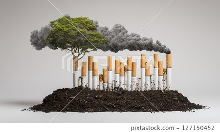 Cigarettes as smokestacks emerge from soil, highlighting the impact of smoking on the environment and pollution 127150452