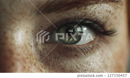 Close-up of a person's green eye showcasing intricate details and natural beauty in soft lighting 127150457