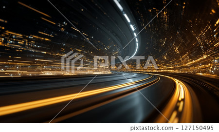 Futuristic tunnel featuring glowing lights, digital patterns in a cosmic environment showcasing advanced technology and innovation 127150495