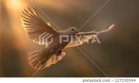 Flying dove symbolizes divine support and highlights significance of international day of peace in serene setting 127150544