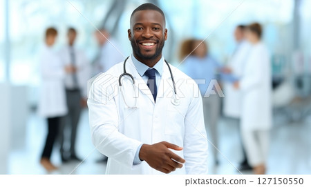 Smiling dark skin doctor offers handshake in welcoming medical office environment during a professional visit 127150550