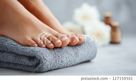 Close-up view of human feet highlighting podiatry focus, skin care techniques, and pedicure maintenance for healthy appearance 127150581