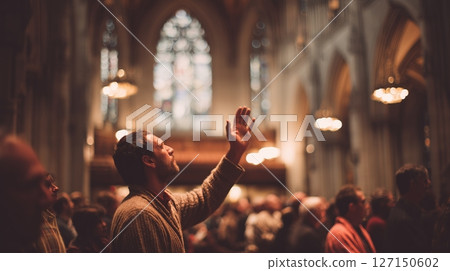 Devout Christians worship in prayer with hands raised in a spirit filled church during an evening service Devout Christians worship in prayer with hands raised in a spirit filled church during an evening service 127150602