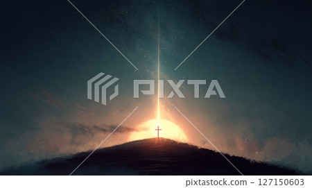 Hilltop cross illuminated by a glowing sunrise at the break of dawn Hilltop cross illuminated by a glowing sunrise at the break of dawn 127150603