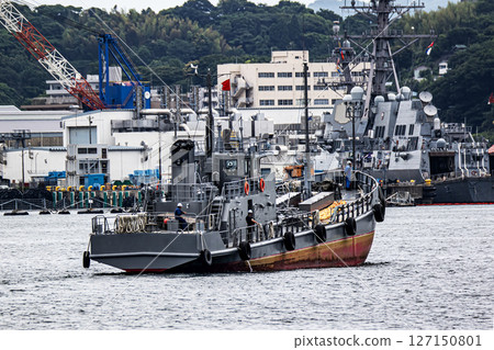 A Maritime Self-Defense Force oil tanker sailing in the naval base bay at Nagaura Port in Yokosuka City, Kanagawa Prefecture 127150801