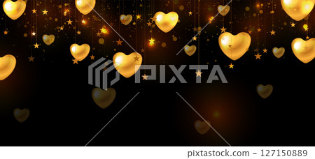 Glowing golden hanging stars and glossy hearts Valentines Day abstract background 127150889