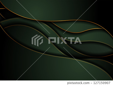 Golden curved wavy lines and green waves abstract minimal background 127150907