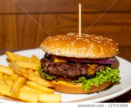 Beef hamburger in restaurant Beef hamburger in restaurant 127151094