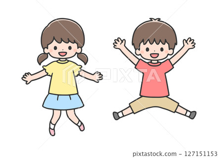 微笑的女孩和男孩跳躍 127151153