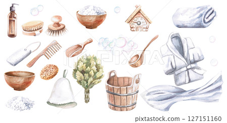 Set of items for sauna and bath. Isolated watercolor illustration for the design of advertising brochures for hamam, Turkish bath, Finnish sauna, printing on textiles, making merch for spa salons. 127151160