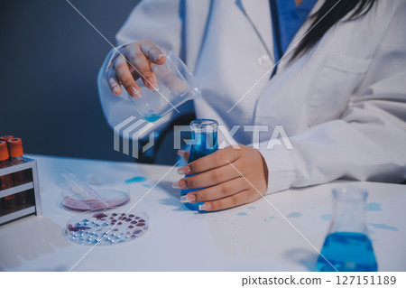 Research, experiment and medical trial being done by a scientist in a lab, science facility or hospital. One young, serious and professional researcher organizing, sorting or making a discovery Research, experiment and medical trial being done by a scientist in a lab, science facility or hospital. One young, serious and professional researcher organizing, sorting or making a discovery 127151189