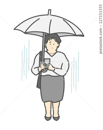 一名女子撐著雨傘操作智慧型手機的全身插圖 127151355