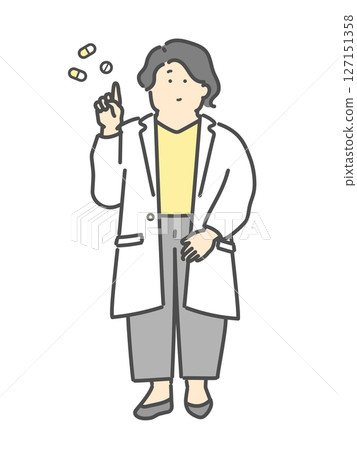 一位女藥劑師指著解釋藥物的插圖 127151358