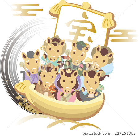 New Year's card, New Year 2026, Zodiac, Seven Lucky Gods, Treasure Ship, Year of the Horse, Horse, Cute, New Year, Japanese style, Illustration material 127151392