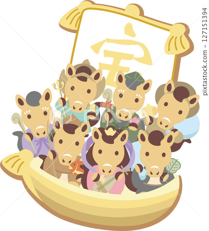 New Year's card, New Year 2026, Zodiac, Seven Lucky Gods, Treasure Ship, Year of the Horse, Horse, Cute, New Year, Japanese style, Illustration material New Year's card, New Year 2026, Zodiac, Seven Lucky Gods, Treasure Ship, Year of the Horse, Horse, Cute, New Year, Japanese style, Illustration material 127151394