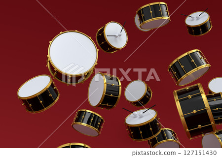 Many of flying drums on red background. 3d render concept of musical percussion instrument, drum machine and drumset 127151430