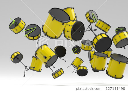 Many of flying drums with metal cymbals on white background. 3d render concept of musical percussion instrument, drum machine and drumset Many of flying drums with metal cymbals on white background. 3d render concept of musical percussion instrument, drum machine and drumset 127151498