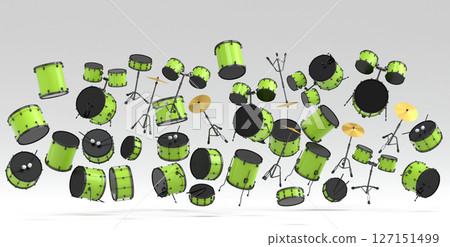 Many of flying drums with metal cymbals on white background. 3d render concept of musical percussion instrument, drum machine and drumset 127151499