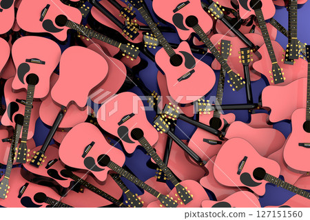 Heap of flying acoustic guitars isolated on white background. 3d render of concept for rock festival poster with spanish guitar for music shop 127151560