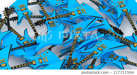 Heap of electric guitars isolated on white background. 3d render of concept for rock festival poster with spanish guitar for music shop Heap of electric guitars isolated on white background. 3d render of concept for rock festival poster with spanish guitar for music shop 127151564