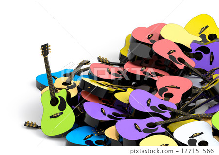 Heap of flying acoustic guitars isolated on white background. 3d render of concept for rock festival poster with spanish guitar for music shop 127151566
