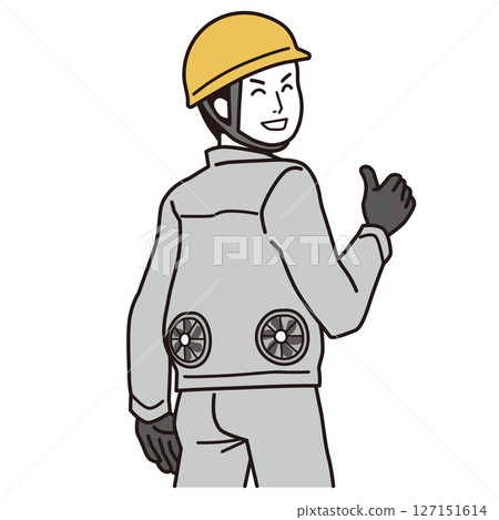 Heat stroke prevention: A smiling man wearing work clothes with a fan - Simple illustration Heat stroke prevention: A smiling man wearing work clothes with a fan - Simple illustration 127151614