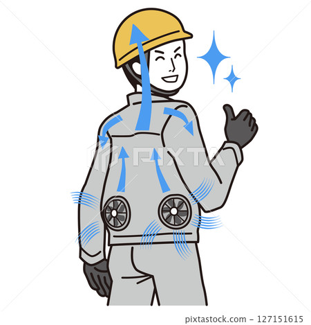 A simple illustration of a smiling man wearing work clothes with a fan that keeps the air flowing comfortably A simple illustration of a smiling man wearing work clothes with a fan that keeps the air flowing comfortably 127151615