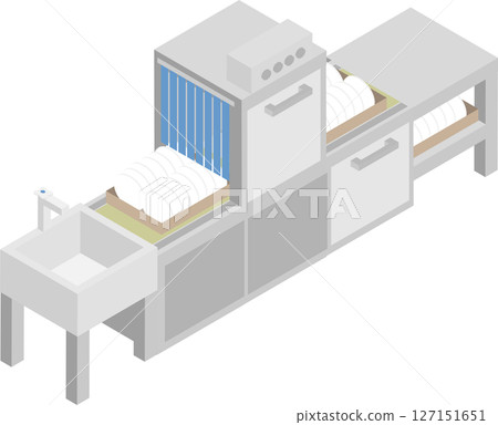 Isometric commercial conveyor dishwasher image material 127151651