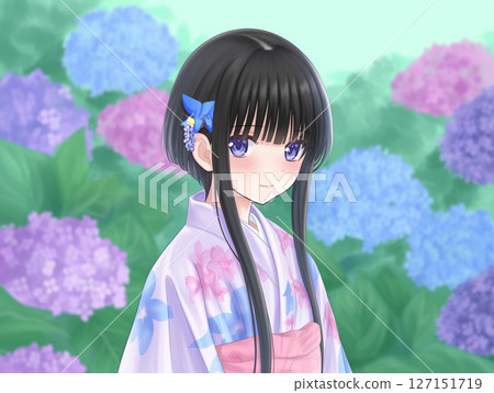 穿著浴衣的女孩，背景為繡球花 AI 圖像 127151719